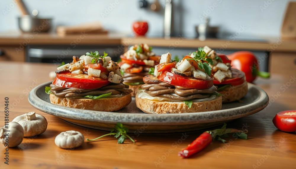 Three stacked gourmet sandwiches featuring fresh vegetables, cheese, and herbs, beautifully arranged in a rustic kitchen
Three stacked gourmet sandwiches featuring fresh vegetables, cheese, and herbs, beautifully arranged in a rustic kitchen
