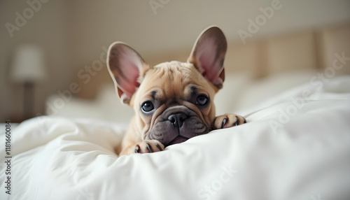 Lindo cachorro de perro bulldog francés en una cama suave photo