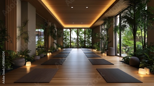 yoga studio interior with wooden floor and plants photo