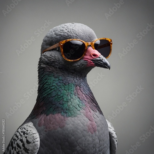 A cartoon pigeon wearing sunglasses, standing confidently on a blank backdrop.