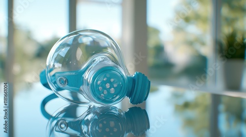 Oxygen mask resting on a reflective surface medical equipment indoor setting close-up view healthcare concept photo