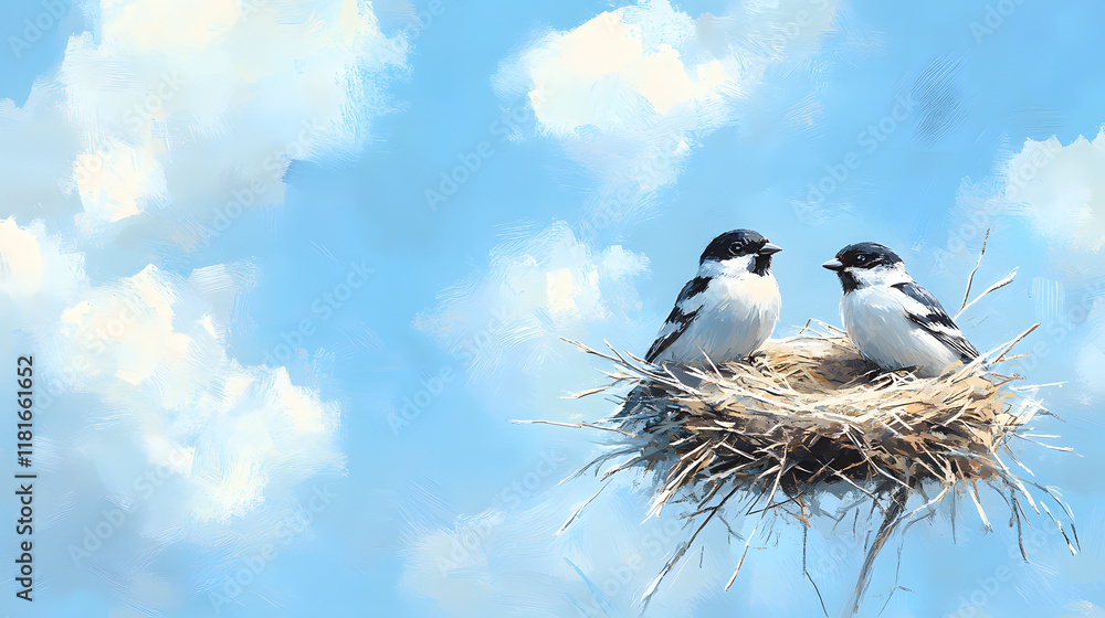 Birds nesting together in a cozy nest under blue skies nature scene peaceful environment Birds nesting together in a cozy nest under blue skies nature scene peaceful environment