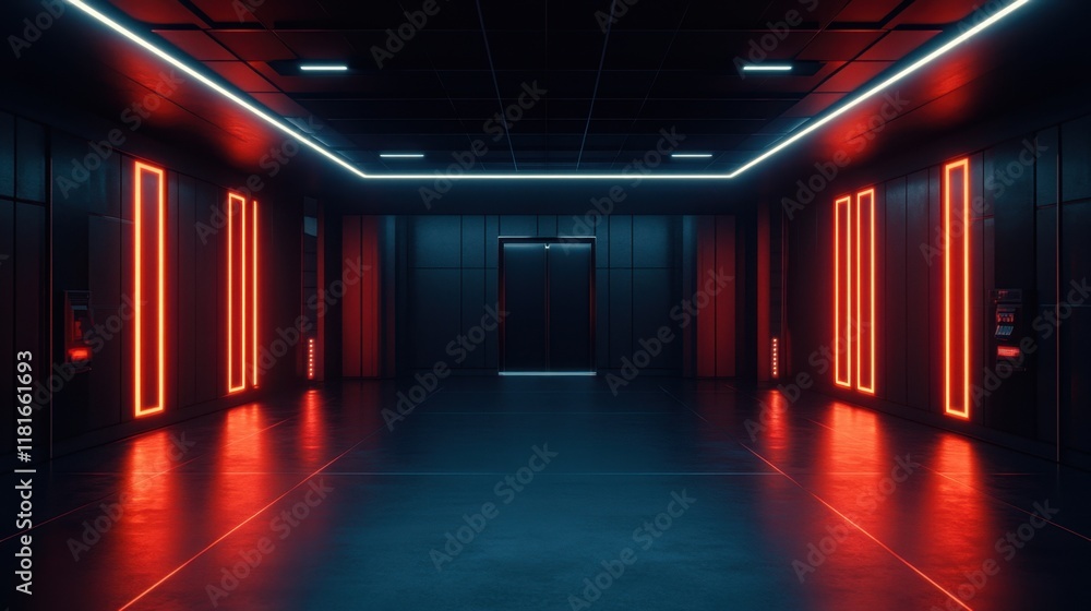 Futuristic Interior of an Empty Hallway with Neon Lights Futuristic Interior of an Empty Hallway with Neon Lights