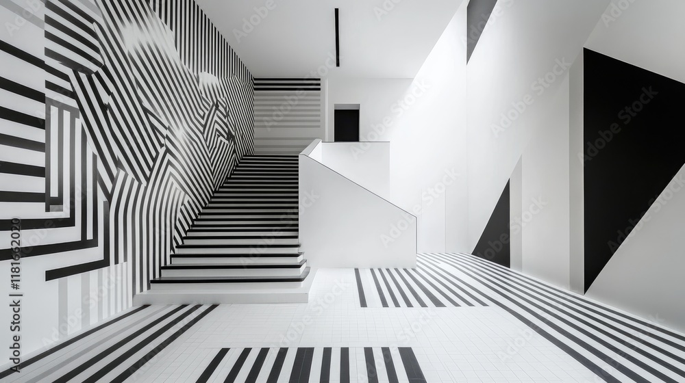 Naklejka premium A minimalist photo of a modern stairwell with clean lines and bold geometric patterns in black and white