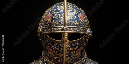 Medieval knightly helmet of the Armet type, featuring intricate gold and enamel decorations, exemplifying the craftsmanship of the 16th century in knightly armor design. photo