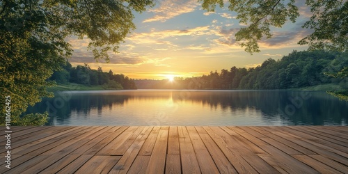 Wallpaper Mural Tranquil lake at sunset seen from a wooden deck, creating a peaceful atmosphere. The wooden deck offers a beautiful view of the serene lake during the sunset. Torontodigital.ca