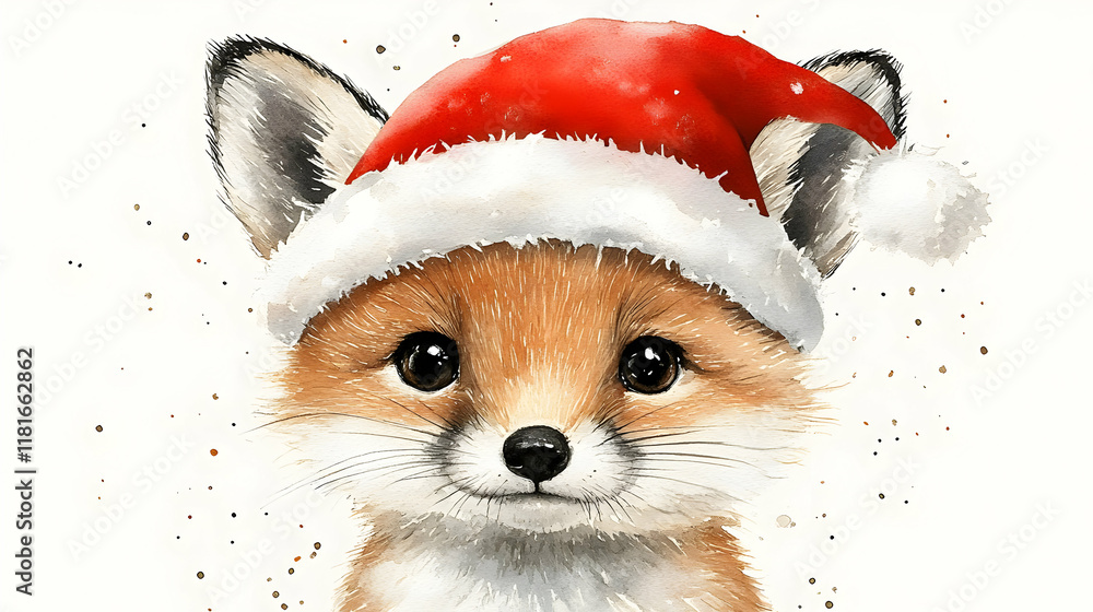 Cute Fox Cub Wears Festive Hat Joyfully, Holiday Cheer, Winter Wonderland Wildlife Cute Fox Cub Wears Festive Hat Joyfully, Holiday Cheer, Winter Wonderland Wildlife