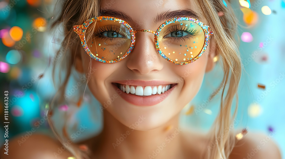 Smiling Woman Wears Colorful Glasses, Joyful Celebration with Confetti Smiling Woman Wears Colorful Glasses, Joyful Celebration with Confetti