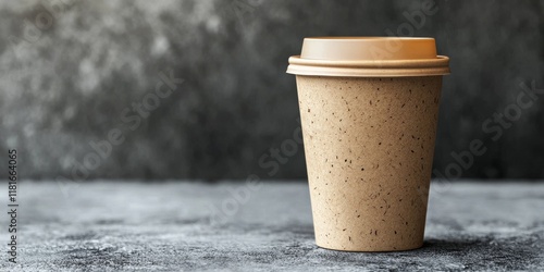 Recycled paper cup filled with coffee to go or tea, set against a concrete background. This mock up showcases branding potential for recycled paper cups in a stylish setting. photo