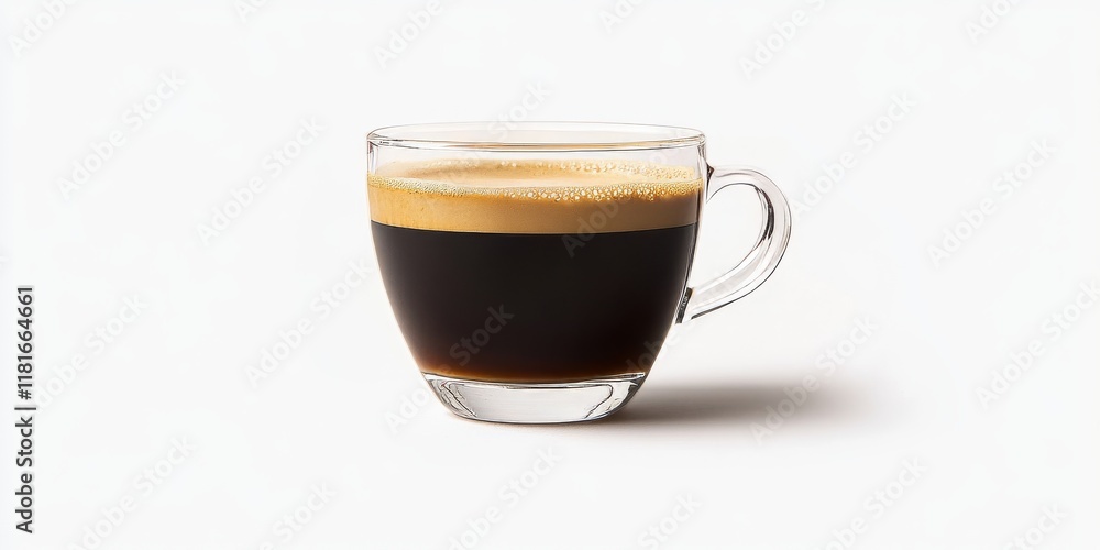 Naklejka premium Americano Coffee served in a small glass cup, showcasing a creamy foam against a clean white background, perfect for coffee lovers who appreciate the rich flavor of Americano Coffee.