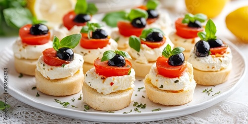 A plate filled with delightful Mozzarella cheese canape sandwiches, featuring creamy Mozzarella cheese, black olives, cherry tomatoes, and oregano, garnished with a hint of lemon for freshness. photo