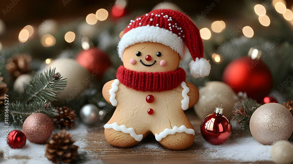 Obraz premium Gingerbread Man Decorates with Ornaments and Festive Lights for Christmas