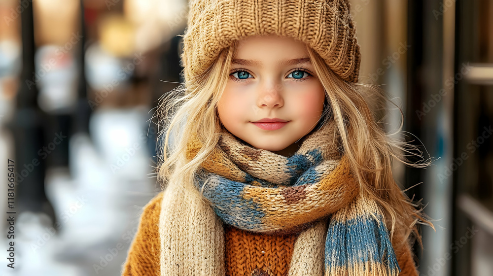 Cute Child Wears Winter Clothes, Scarf and Beanie, Fashion Outdoors Cute Child Wears Winter Clothes, Scarf and Beanie, Fashion Outdoors