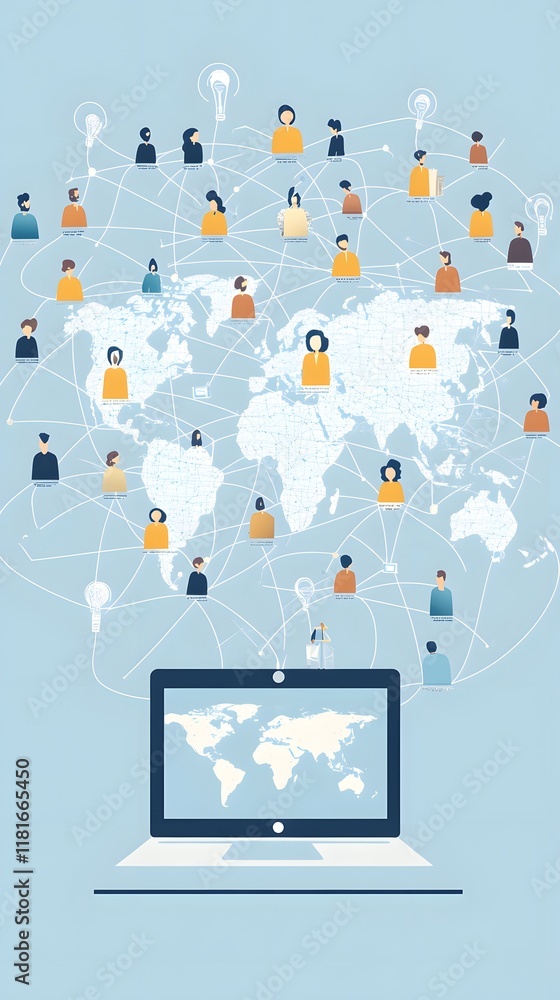 A flat vector illustration of an online network made up of human figures connected to each other, and above them is a world map with a laptop in front A flat vector illustration of an online network made up of human figures connected to each other, and above them is a world map with a laptop in front