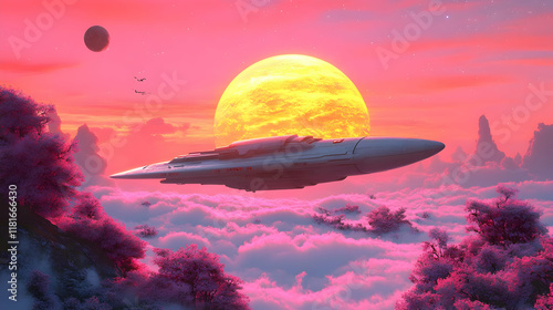 Spaceship Flies Over Pink C...