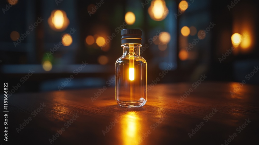 Captivating macro shot of a glowing medicine vial on a table indoor setting photography perspective enigmatic illumination for health and wellness Captivating macro shot of a glowing medicine vial on a table indoor setting photography perspective enigmatic illumination for health and wellness