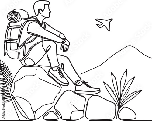 Minimalist Line Art of Traveler with Bag Sitting on Stone