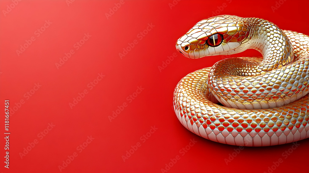 Fototapeta premium Golden Snake Coils Gracefully on Red, Reptile Scales Gleam