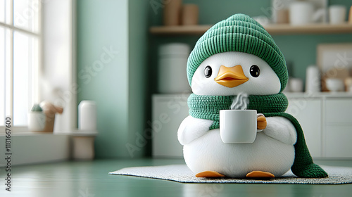 Cute Bird Sips Hot Drink Co...