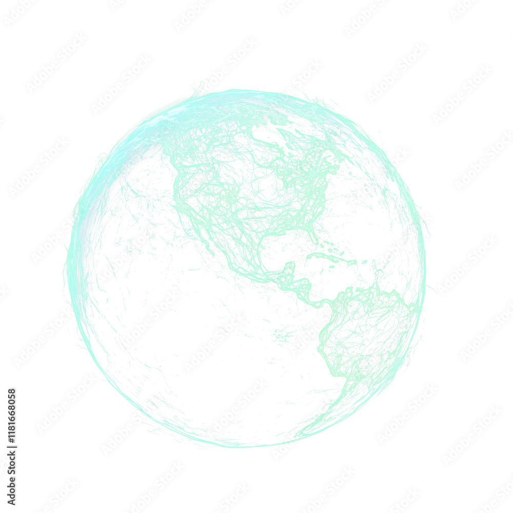 Obraz premium glowing neon green and electric blue globe with radiant lines representing global connectivity and data flow, set against transparency background for futuristic effect