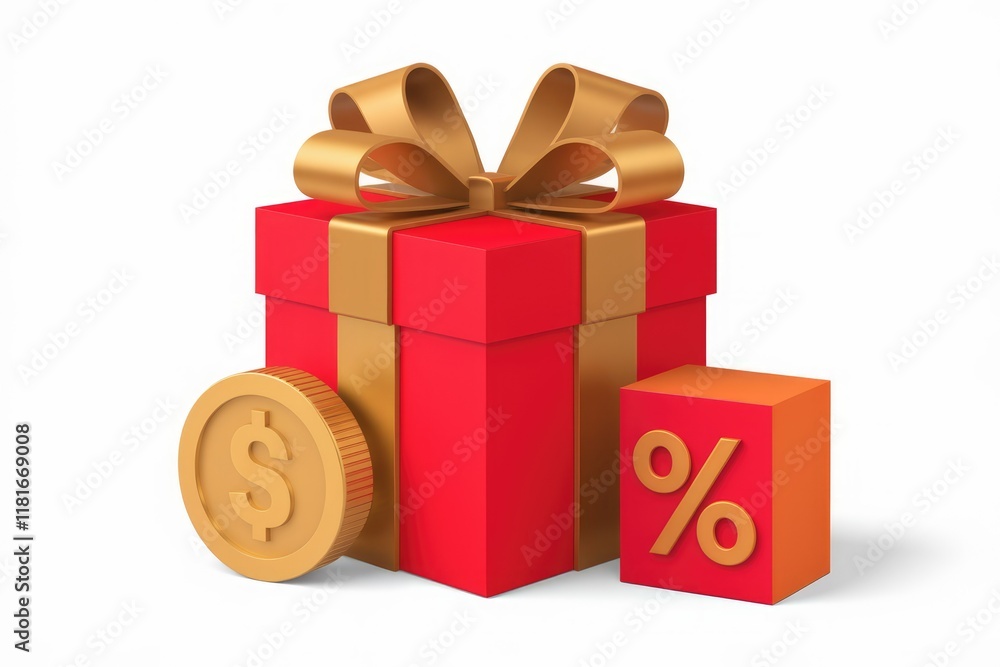 A red gift box with a gold ribbon, a gold dollar coin, and a percentage sign, symbolizing discounts and rewards. A red gift box with a gold ribbon, a gold dollar coin, and a percentage sign, symbolizing discounts and rewards.