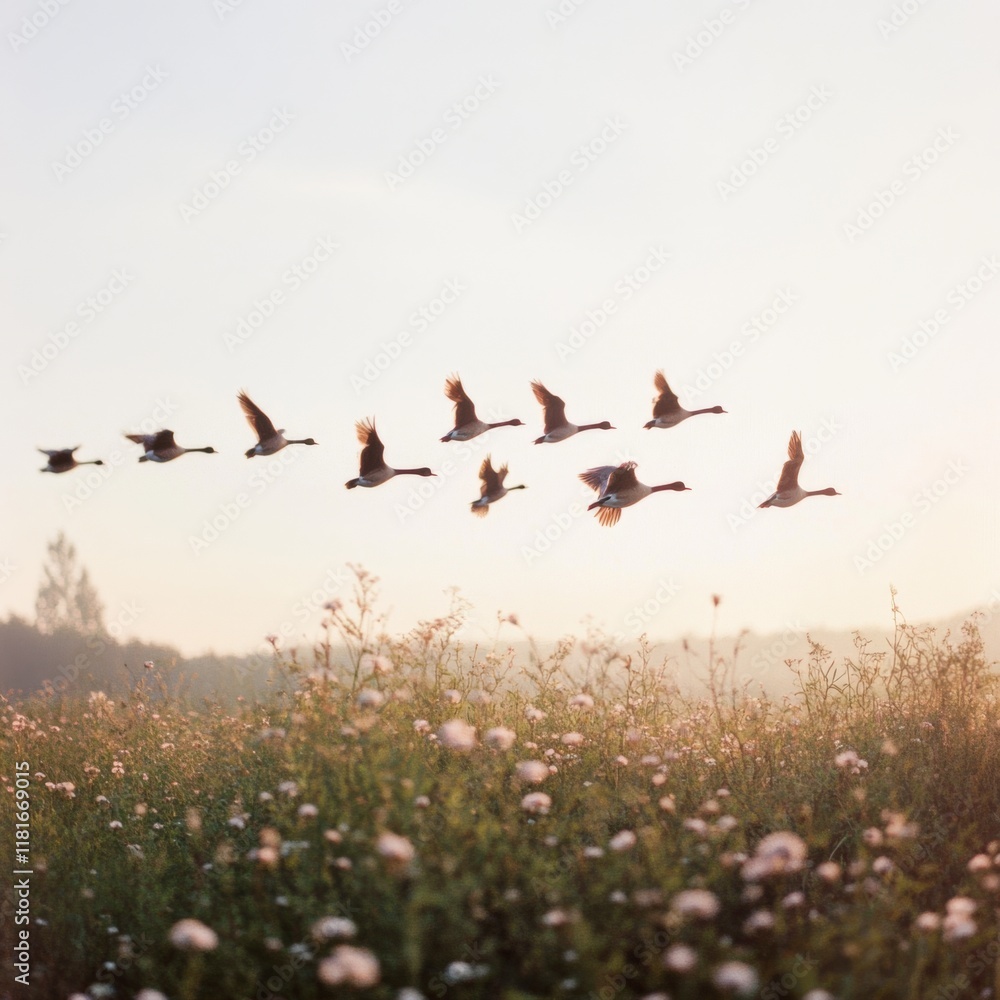 Obraz premium A flock of geese gracefully soar over a sunlit meadow, their silhouettes stark against the pastel sky, capturing the essence of freedom and nature's rhythm.