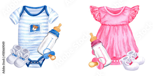 Blue pink baby boy or girl banner. Gender reveal party, baby shower. Newborn things, bodysuit, nipple pacifier, booties, milk bottle. Hand drawn watercolor illustration on white background.