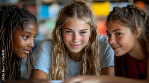 Girls Collaborate on Project, Learning Together Enthusiastically in Library