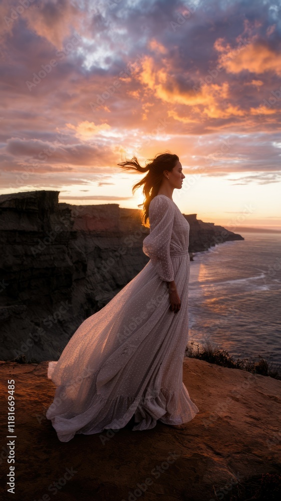 Woman in flowing dress stands on a cliff overlooking the ocean at sunset, windswept hair and serene expression. Woman in flowing dress stands on a cliff overlooking the ocean at sunset, windswept hair and serene expression.