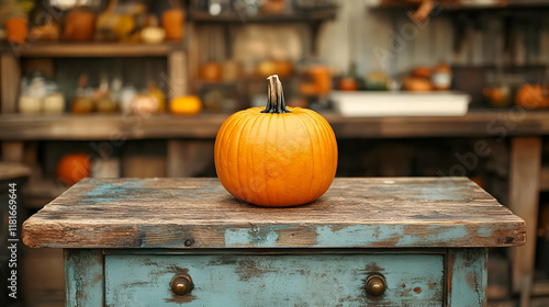 Pumpkin Sits on Rustic Tabl...