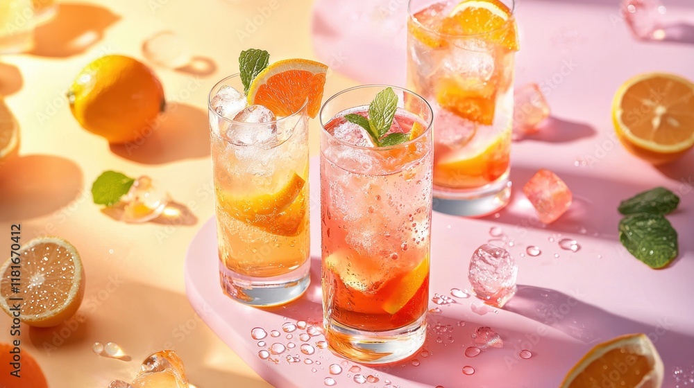 Refreshing Chilled Carbonated Drinks in Tall Transparent Glasses with Citrus Slices and Ice Cubes Refreshing Chilled Carbonated Drinks in Tall Transparent Glasses with Citrus Slices and Ice Cubes