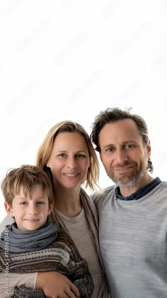 Sweden family of three portrait speaking at camera. White background with copy space Sweden family of three portrait speaking at camera. White background with copy space