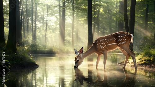 A calm deer sipping from a peaceful forest pond with sunlight filtering through the trees photo