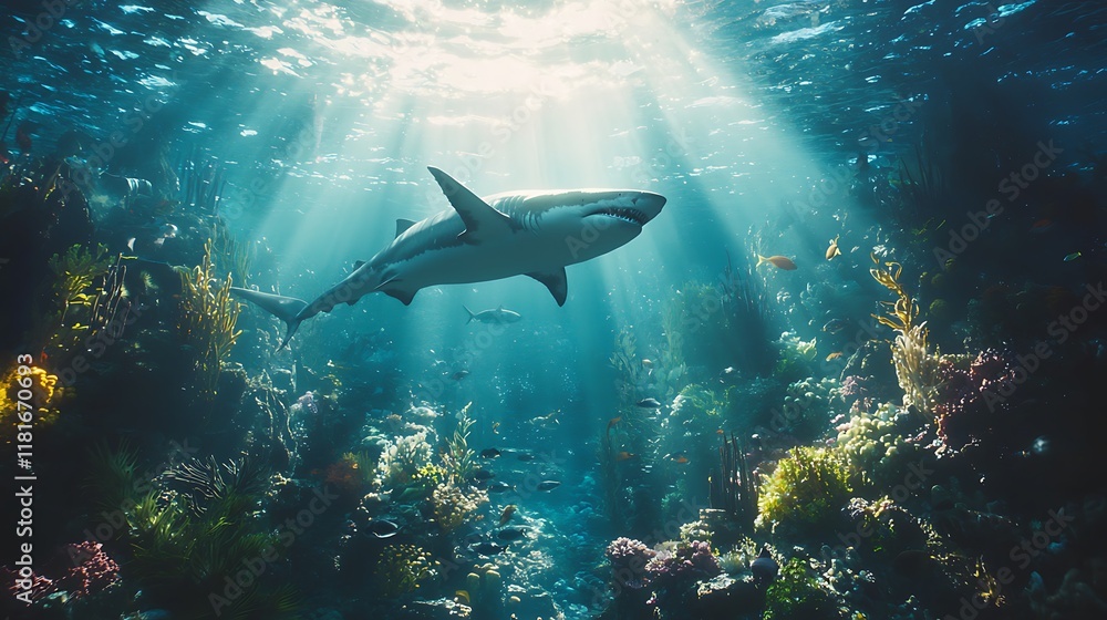 Naklejka premium Shark swimming in vibrant underwater ecosystem.