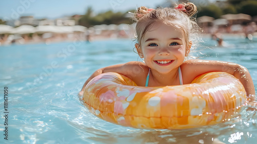 Child Swims in Pool with In...