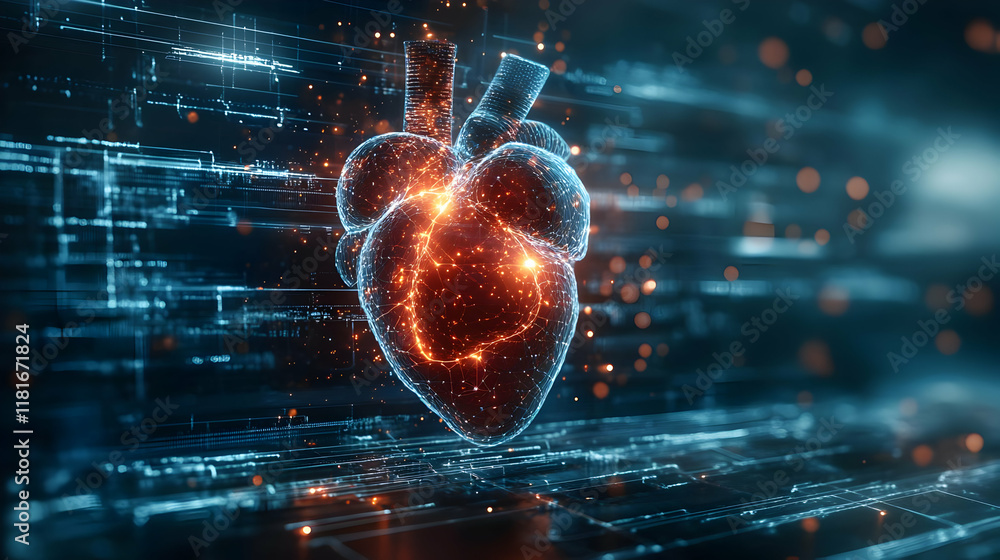Obraz premium Digital Heart Beats with Data Streams Powerfully