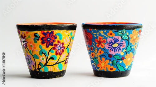 A pair of vibrant hand-painted flower pots, set against a white background.