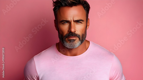 Man Poses with Pink Backgro...