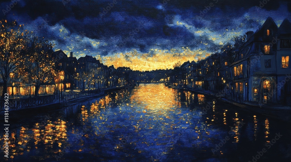 Impressionistic Night Scene of a Canal City with Glowing Lights and Vivid Reflections. Impressionistic Night Scene of a Canal City with Glowing Lights and Vivid Reflections.