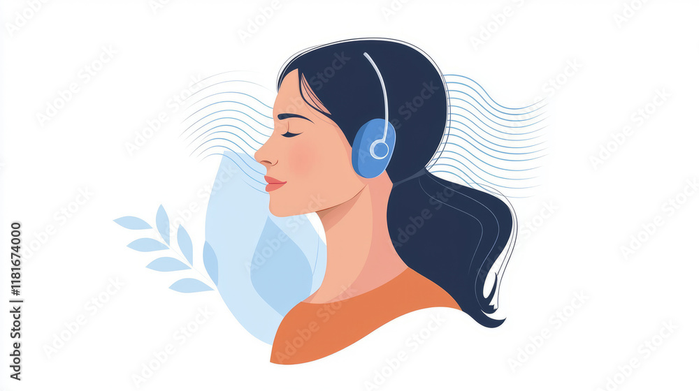 Woman enjoying music through headphones with a peaceful and relaxed expression Woman enjoying music through headphones with a peaceful and relaxed expression