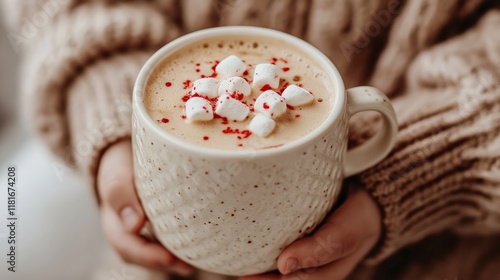 Cozy Winter Beverage A Mug of Hot Chocolate with Marshmallows and Red Sprinkles Held in Hands.