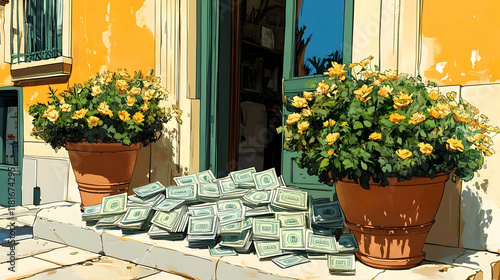Money Stacks by Flower Pots...