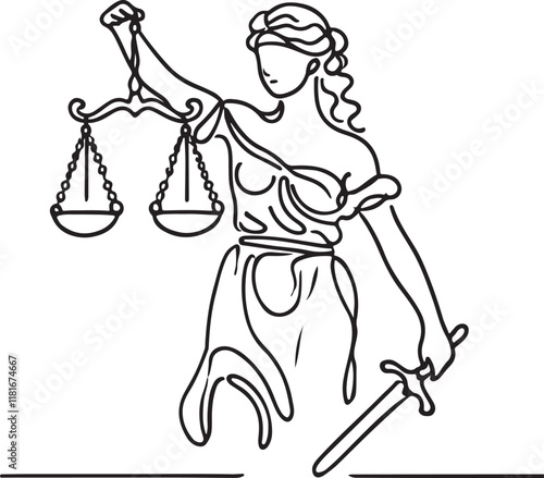 Justice and Fairness. Line Art of Woman with Scales - Themis Statue Concept