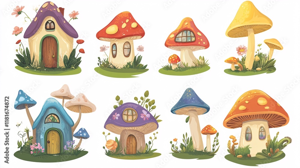 Fototapeta premium Whimsical collection of colorful mushroom houses in various styles, showcasing creativity and charm.