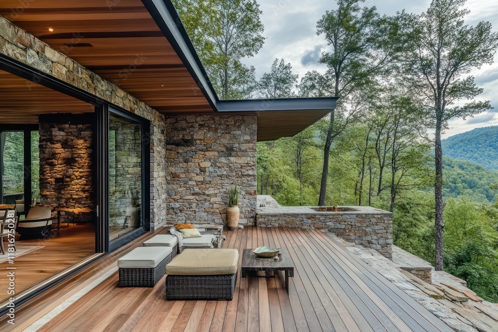 Obraz premium A luxury mountain retreat with rustic stone walls, expansive wooden decks, and sweeping views of the surrounding forest