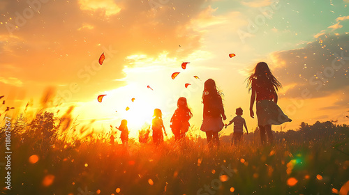 Children Play in Meadow at ...