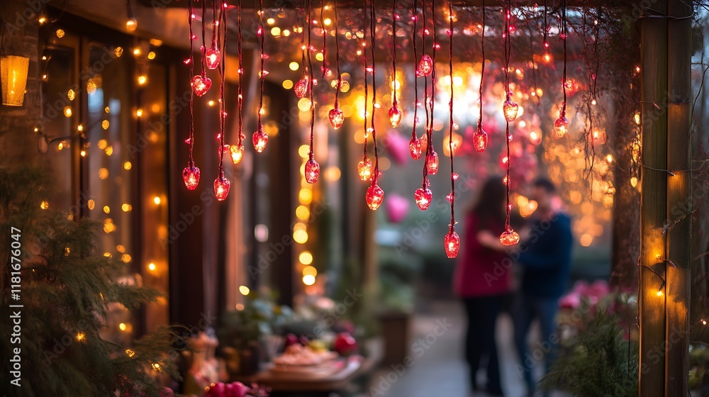 Romantic couple silhouetted by warm, heart-shaped string lights. Romantic couple silhouetted by warm, heart-shaped string lights.