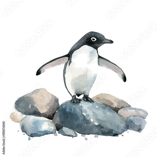 A watercolor vector of an Adelie penguin hopping between rocks, isolated on a white background. Penguin vector.
