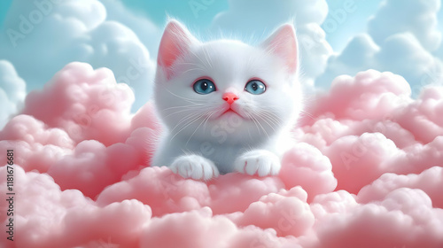 White Kitten Sits on Pink C...