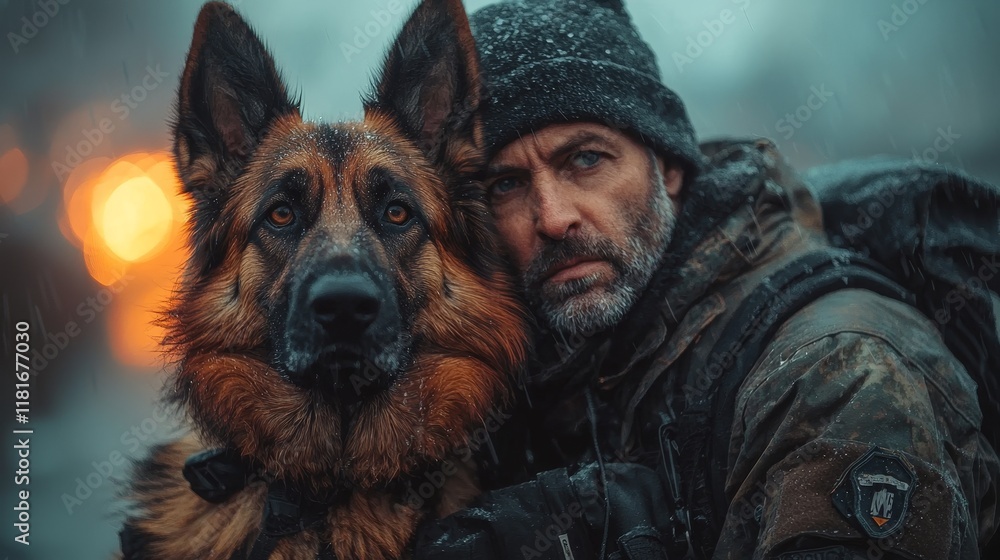 Man and dog in a snowy landscape Man and dog in a snowy landscape